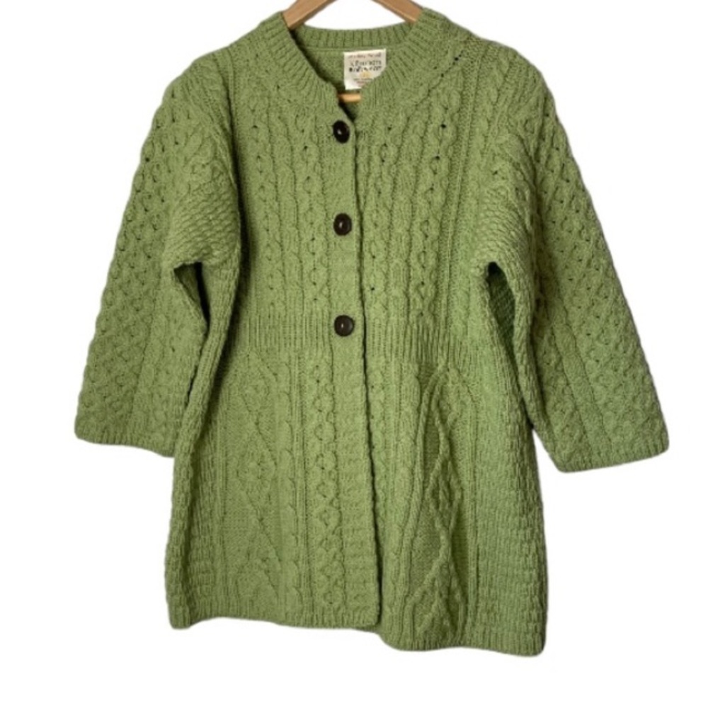 Kilronan Knitwear Irish Cable Knit Cardigan Sweater Sz XL Green 100% Merino Wool